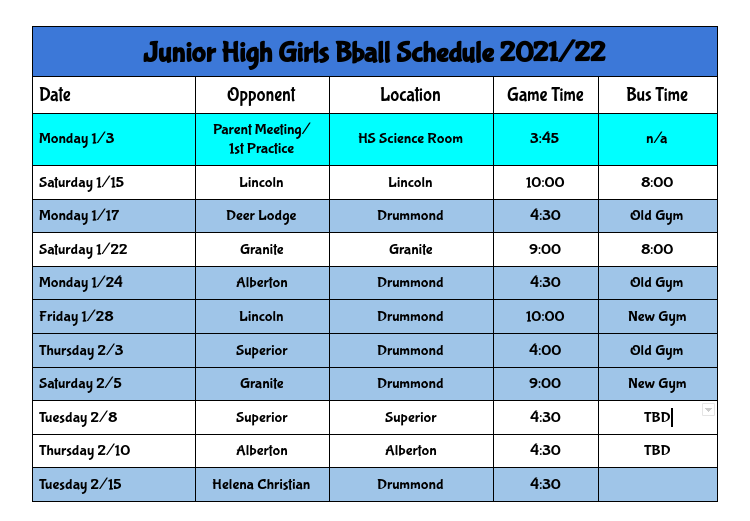 JH Girls Schedule